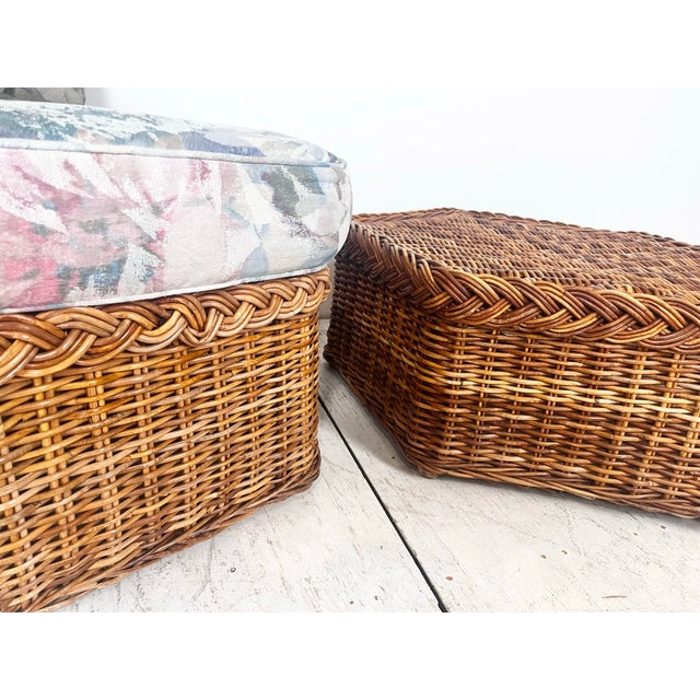 Vintage Braided Wicker Rattan Hexagonal Chair and Ottoman Set For Sale - Image 10 of 11