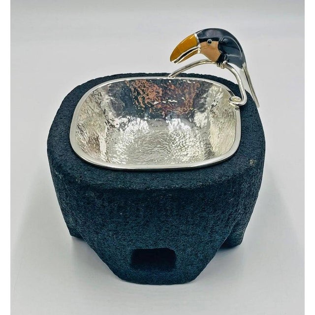 Emilia Castillo Emilia Castillo Silver-Plate Molcajete/Serving Bowl With Toucan, Mexico 1980s For Sale - Image 4 of 18