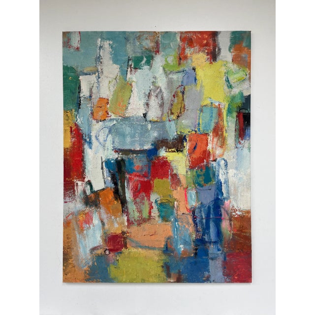 A bold and expressive original oil painting on canvas featuring layered blocks of color in rich red golden yellow deep...