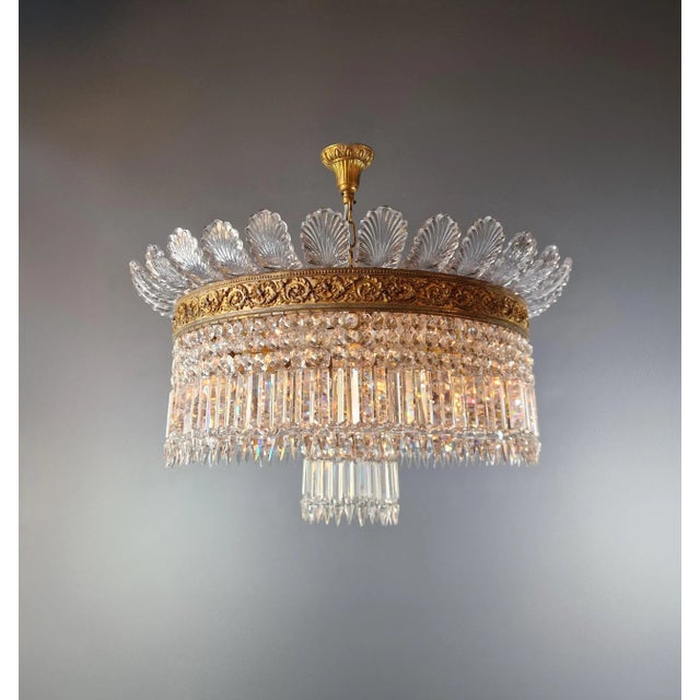 1930s Art Nouveau Big Leaf Plafonnier Crystal Brass Lustre Chandelier For Sale - Image 4 of 11
