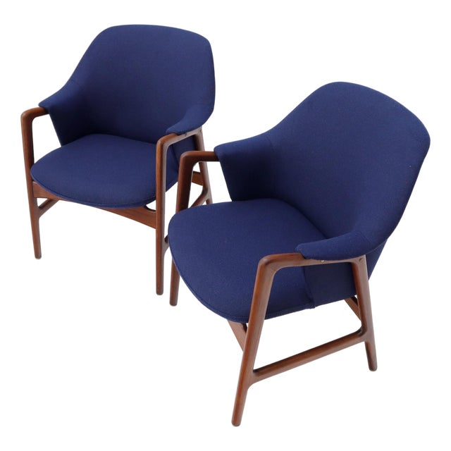New Blue Wool Upholstery Teak Frames Danish Mid-Century Modern Lounge Chairs For Sale