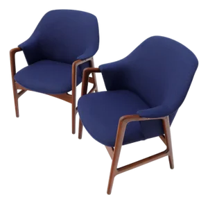 New Blue Wool Upholstery Teak Frames Danish Mid-Century Modern Lounge Chairs