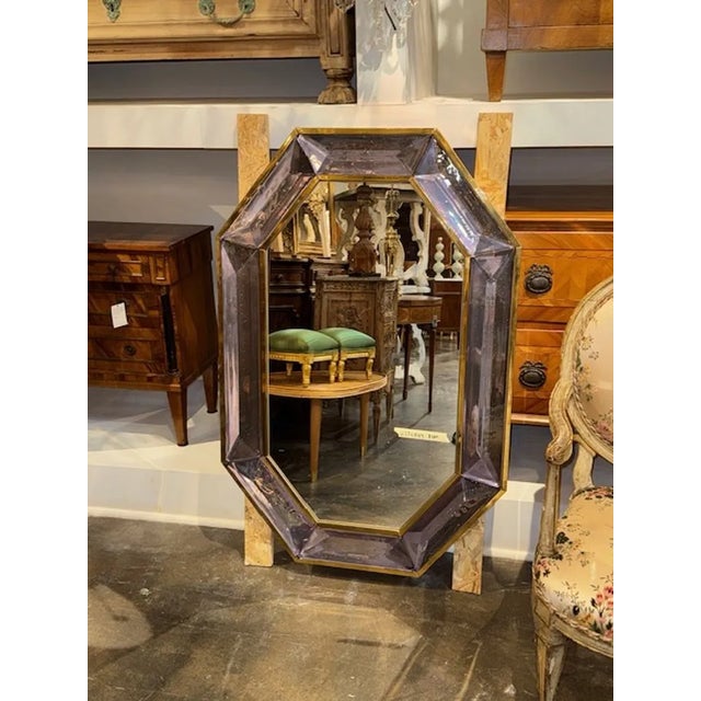 Gorgeous modern Murano glass and brass octagonal mirror in lavender. A favorite of top designers! 33W x 49H
