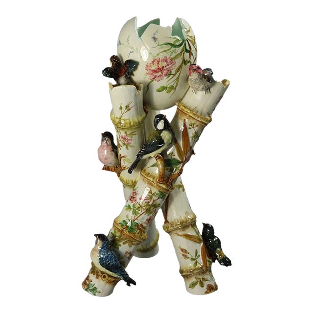 Delphin Massier Majolica Birds on Bamboo Vase For Sale