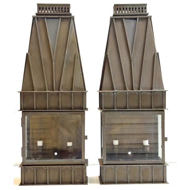 Pair of Architectural Georgian Gothic Bronze Exterior/Interior Wall Sconces USA, circa 1960s A striking pair of...