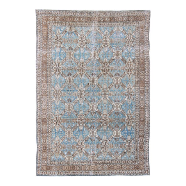 Antique All-Over Pattern Persian Geometric Tabriz Rug in Blue and Taupe For Sale
