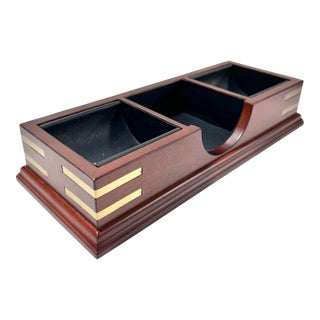 2003 Bombay Company Mahogany Desk or Dresser Valet Organizer With Brass Inlay and Faux Leather Lining For Sale