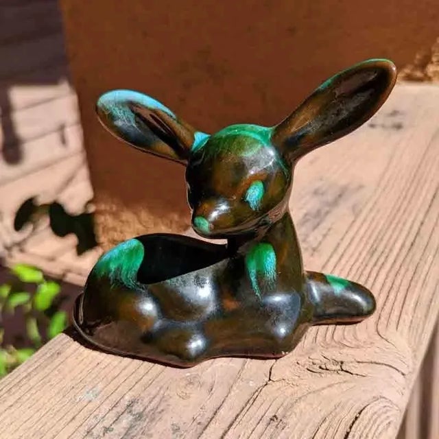 Blue Mountain Pottery Fawn Drip Glaze Blue Green Brown Redware Vintage This adorable fawn has has a lot of dimension in...