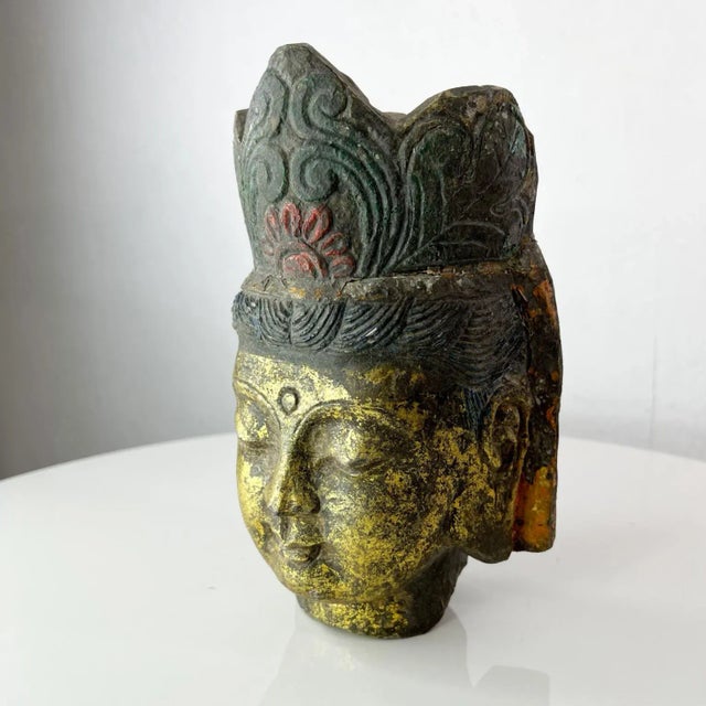 1970s Salvaged Stone Golden Buddha Head Sculpture Ornately Carved Crown For Sale - Image 5 of 13