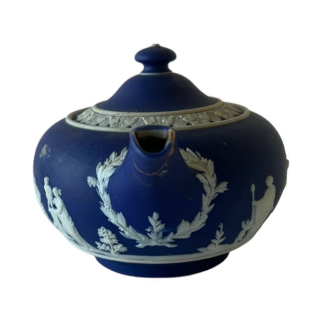 Victorian Antique Cobalt Blue Jasperware Wedgwood Teapot With Kintsugi Repair For Sale - Image 3 of 11