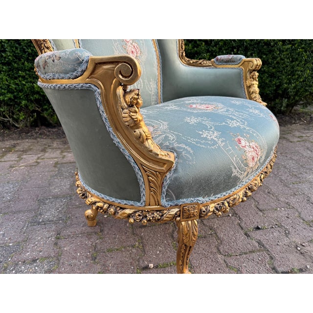French 1950 French Louis XVI Gold Beech Damask Settee - 1 Pc For Sale - Image 3 of 14