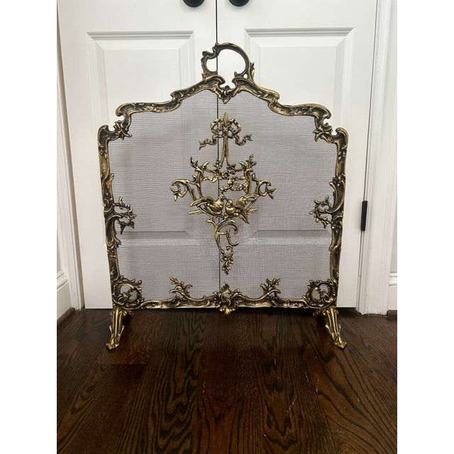 Metal Vintage French Rococo Style Brass Fireplace Screen With Lovebirds For Sale - Image 7 of 7