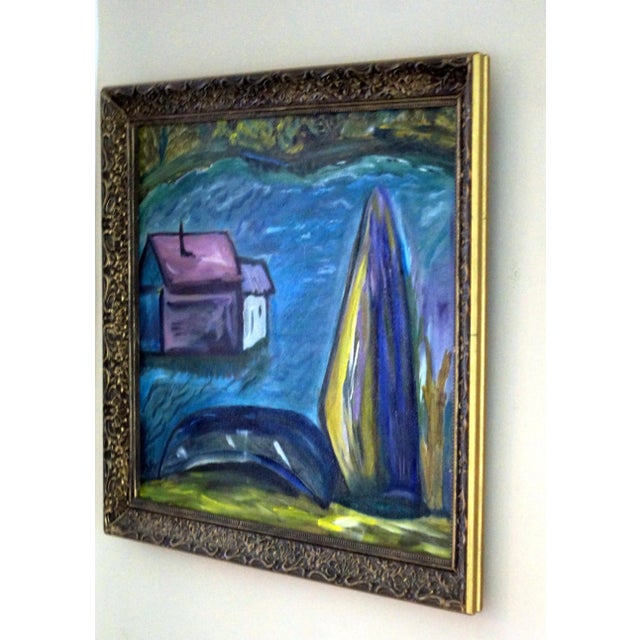 A framed Colette Calilhanna expressionist acrylic painting titled "Purple Village". Features a rich jewel-toned palette of...