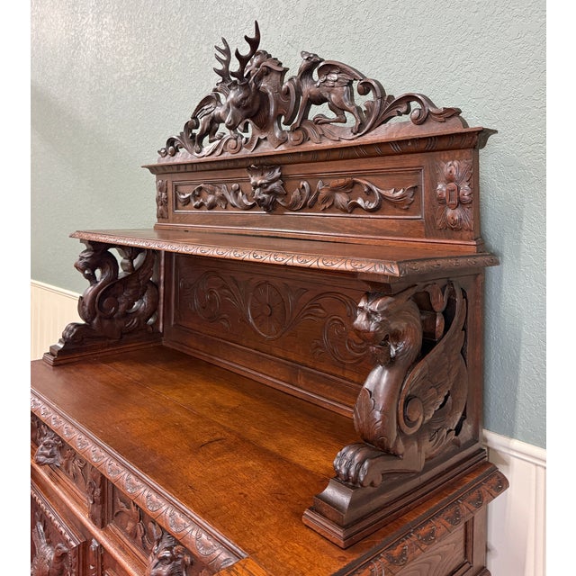 Antique French Renaissance Revival Hunt Buffet Server Sideboard Dark Oak 19c For Sale - Image 14 of 17