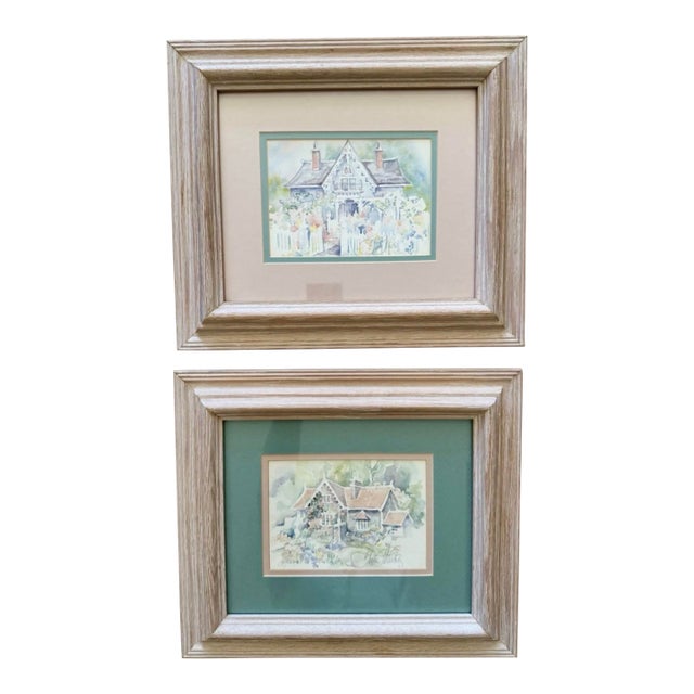 Pair 1980s Tisha Whitney Victorian Coastal Cottage Watercolors, Framed For Sale