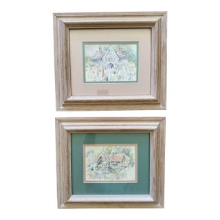 Vintage Original Victorian Architecture Coastal Watercolors Pair Framed Paintings 1980s Tisha Whitney For Sale