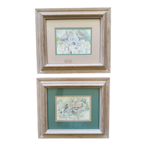 Vintage Tisha Whitney Original Victorian Coastal Watercolors Pair Framed Paintings 1980s