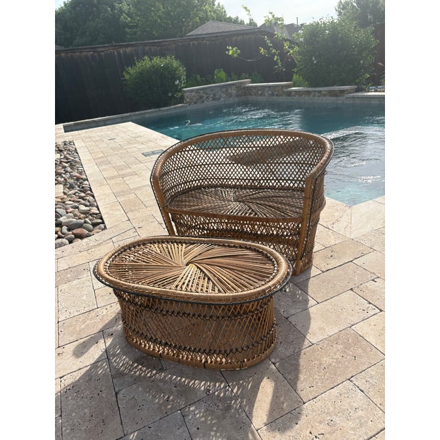 Brown Vintage Child-Size Rattan Loveseat & Oval Coffee Table, Boho Coastal MCM For Sale - Image 8 of 10