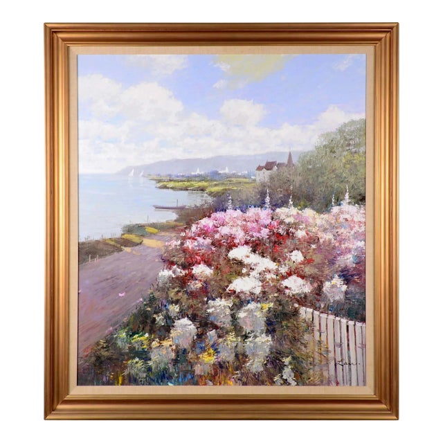 1980 Kwok Leung Law Oil Painting Harbor Scene With Floral Garden For Sale