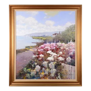 1980 Kwok Leung Law Oil Painting Harbor Scene With Floral Garden
