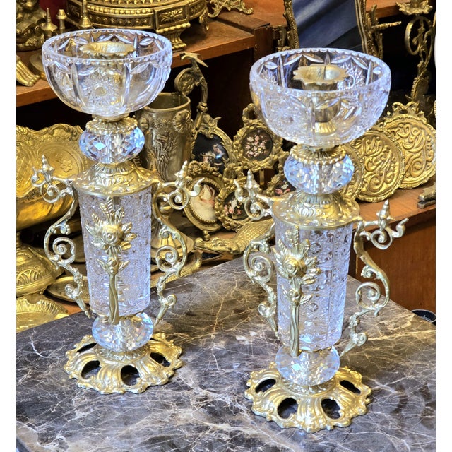 Decorative Brass and Crystal Candle Holder for Luxury Homes Set of 2 French Style For Sale In Miami - Image 6 of 6