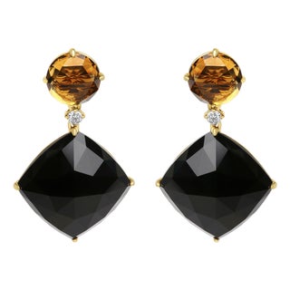18K Yellow Gold 1/5 Cttw Diamond with Round Yellow Citrine and Cushion Cut Black Onyx Gemstone Dangle Earring (G-H Color, SI1-SI2 Clarity) For Sale
