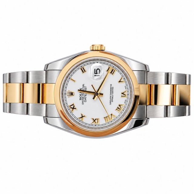 Metal Rolex Datejust 116203 36mm White Roman Dial Two-Tone 18k Gold Oyster Watch For Sale - Image 7 of 9