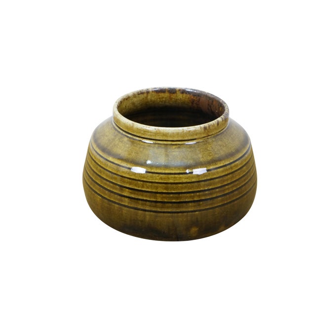 Mid-Century Modern Thai Celadon Studio Art Pottery Ribbed Beehive Vase Pot Cachepot Jar 6" For Sale - Image 3 of 11