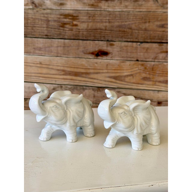 Pair of Vintage Inarco White Glazed Elephant Figurines With Raised Trunks For Sale In Naples, FL - Image 6 of 12