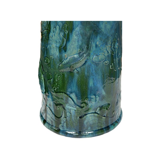 Vintage Distressed Marks Turquoise Green Lotus Fishes Ceramic Holder For Sale - Image 9 of 14