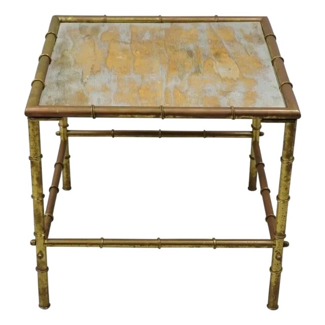 Mid 20th Century Italian Hollywood Regency Faux Bamboo Brass Tole Metal Low Square Side Table For Sale