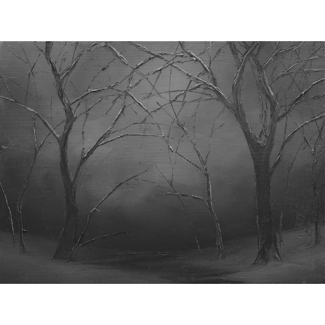 Still Imagined by Todd Carpenter | Oil on Board Black and white landscape with bare trees. For Sale