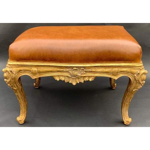 Pair of Italian Gilt-Wood Benches With Brown Leather Upholstery, 20th Century. For Sale - Image 9 of 9