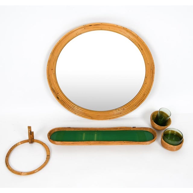 Mid 20th Century Mid-Century Bamboo and Green Glass Vanity or Bathroom Accessories-- Eight Piece Set For Sale - Image 5 of 6