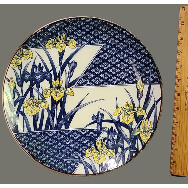 Ceramic Vintage Japanese Porcelain Painted Floral Irises Serving Platter For Sale - Image 7 of 9