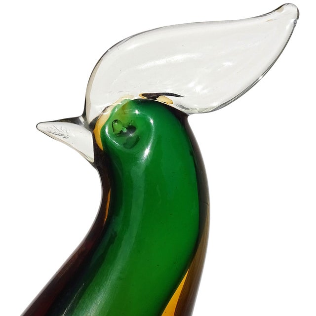 Beautiful vintage Murano hand blown Summerso orange, green and gold flecks Italian art glass bird sculpture. Created in...