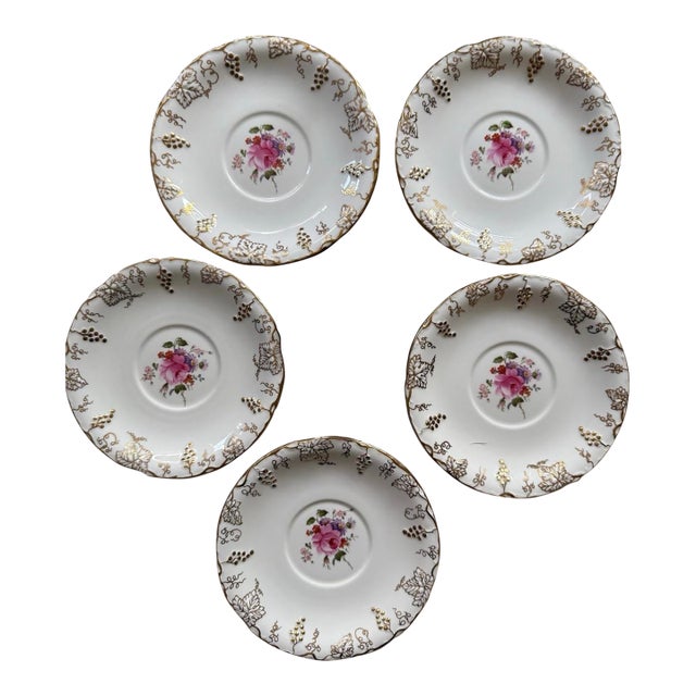 Early 19th Century Royal Crown Derby Pink Floral 5.5” Plates in Vine Pattern | English Bone China | Antique Plate - Set of Five (5) For Sale