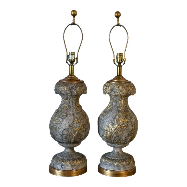 Vintage Stoneware Maitland Smith Table Lamp With Gilt Fleur-De-Lis Scrollwork, a Pair For Sale