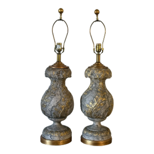 Vintage Stoneware Maitland Smith Table Lamp With Gilt Fleur-De-Lis Scrollwork, a Pair