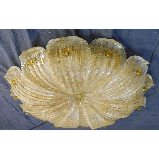 Vintage golden colored Italian Murano glass flush mount with amber graniglia glass leaves / Made in Italy in the style of...