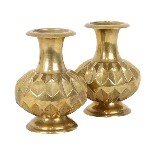 Metal Brass Vases with Geometric Design, Set of 2 For Sale - Image 7 of 14