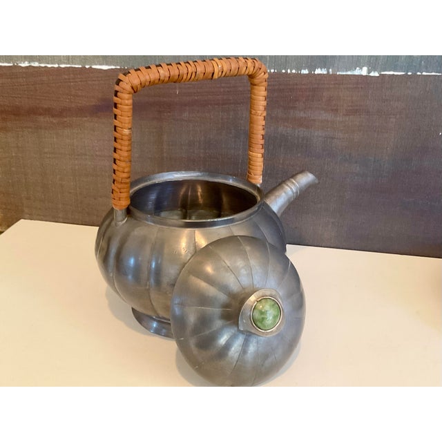 Stone Gray Vintage Art Deco Pewter Set, Teapot & Lotus Leaf Dish - Set of 2 For Sale - Image 8 of 13