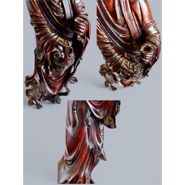 Late 20th Century Hand Carved Chinese Guanyin & Scholar Figures Pair-Rosewood-Asian-Sculpture-Kwan For Sale - Image 9 of 11