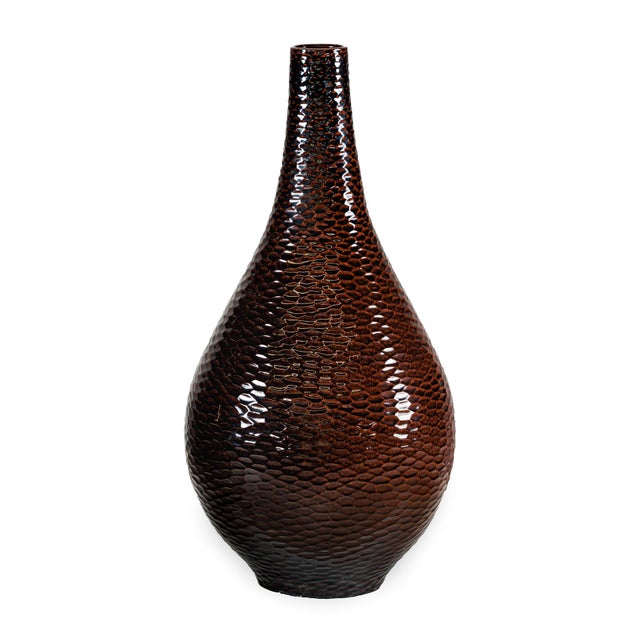 Large Deep Mahogany Brown Artisan Ceramic Vase with Honeycomb Texture For Sale - Image 14 of 18