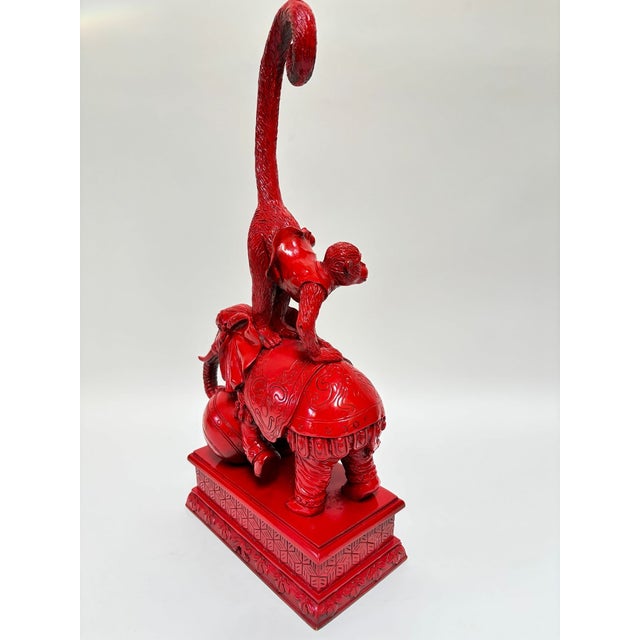 Hollywood Regency Chinoiserie Red Elephant & Monkey Sculpture Glossy Resin 1970s For Sale - Image 12 of 15