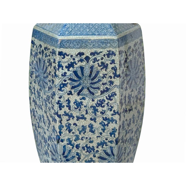 Vintage Chinese Off White Blue Flower Graphic Hexagonal Porcelain Vase For Sale In San Francisco - Image 6 of 10