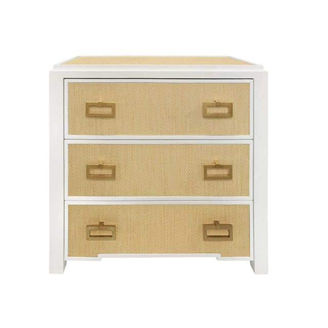 Worlds Away Matthew Izzo Home - Radley Natural Rattan and Matte White Lacquer Three Drawer Side Table With Satin Brass Drawer Pulls For Sale - Image 4 of 4