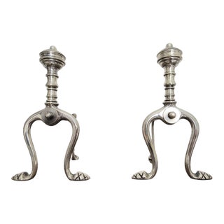 Pair of Brass Fireplace Andiron Set in Silver Antique Finish For Sale