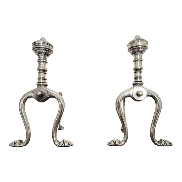Pair of Brass Fireplace Andiron Set in Silver Antique Finish For Sale