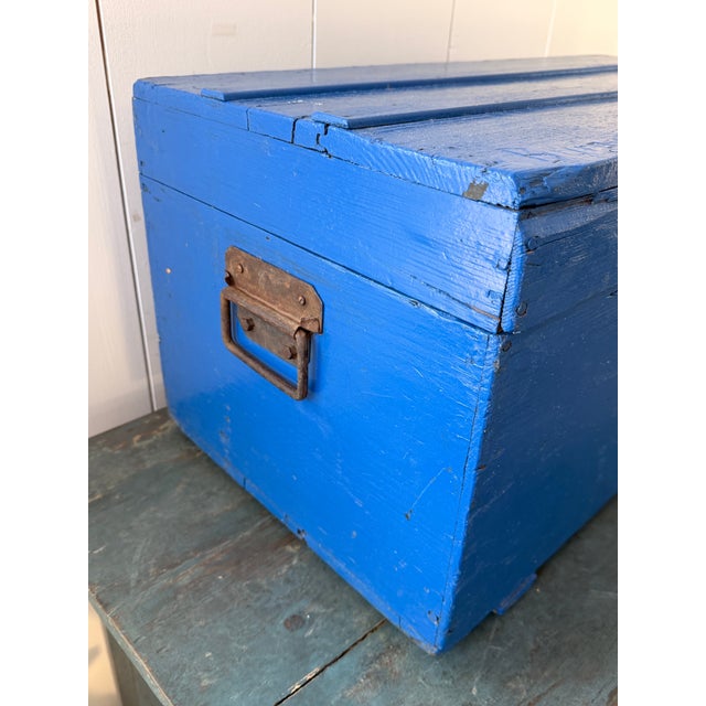 Wood Vintage French Painted Cobalt Blue Trunk For Sale - Image 7 of 9
